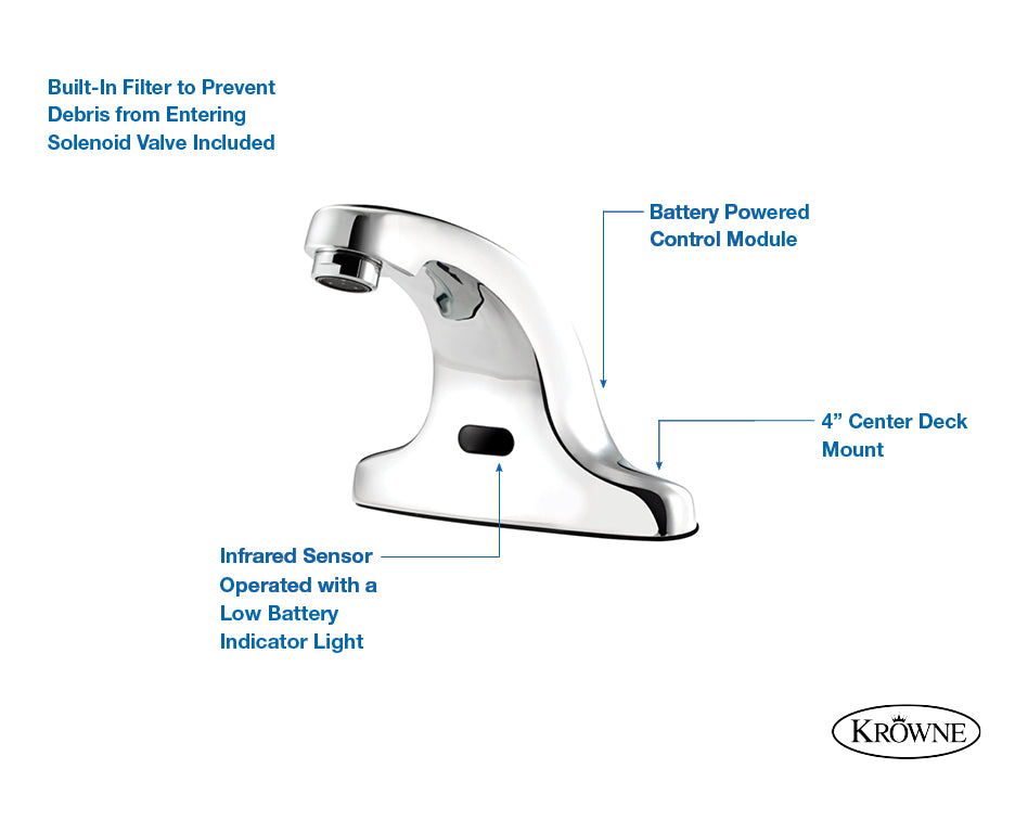 Krowne 16-197 Royal Series 4" Center Deck Mount Sensor Faucet, Battery Operated, Mechanical Mixing Valve, 0.5 GPM Aerator