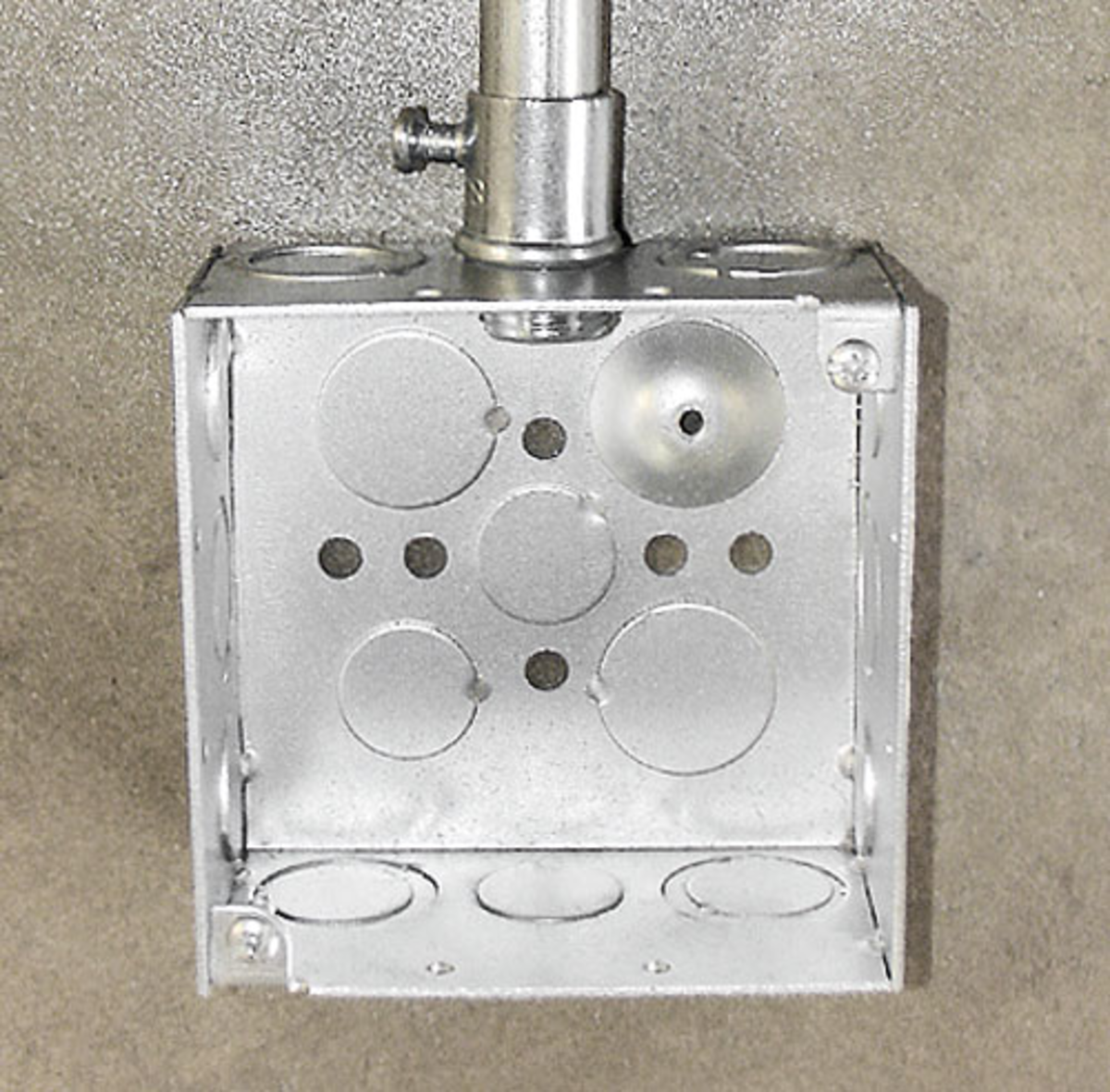 4" Square Welded Steel Electrical Box – 1‑1/2" Deep, w/ 3/4" Conduit KO’s
