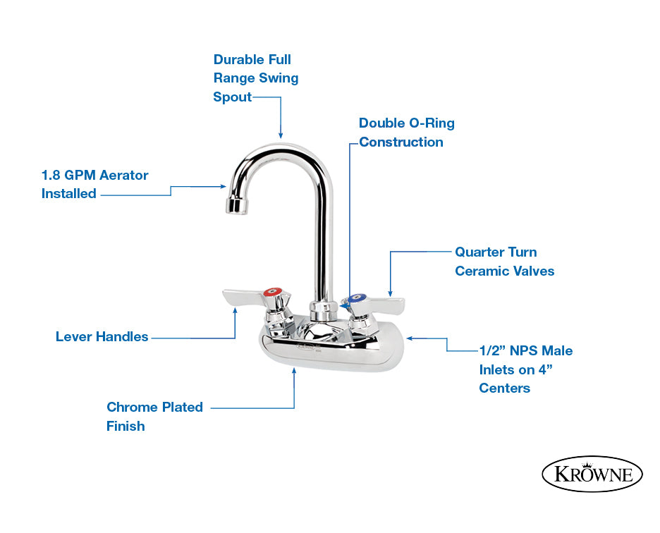 Krowne 10-406L Silver Series 4" Center Wall Mount Faucet with 6" Spout