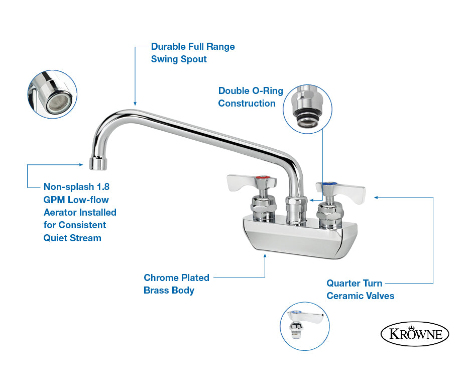 Krowne 14-400L Royal Series 4" Center Wall Mount Faucet with 3-1/2" Wide Gooseneck Spout