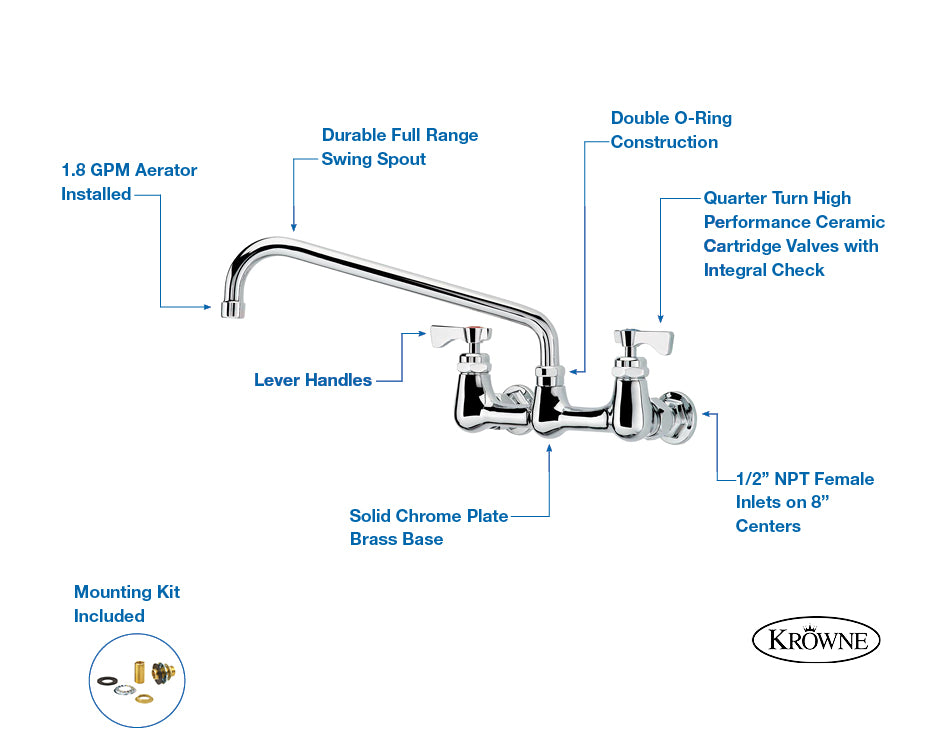 Krowne 14-812L Royal Series 8" Center Wall Mount Faucet with 12" Spout
