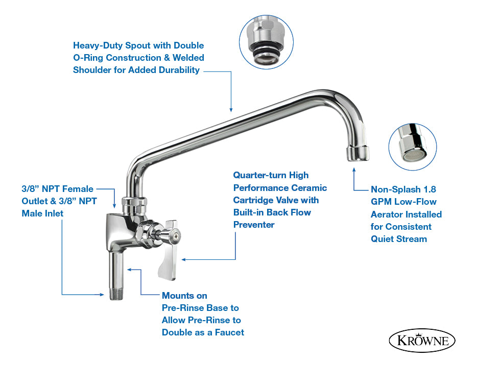 Krowne 21-139L Royal Series Add-On Faucet with 12" Spout for Pre-Rinse