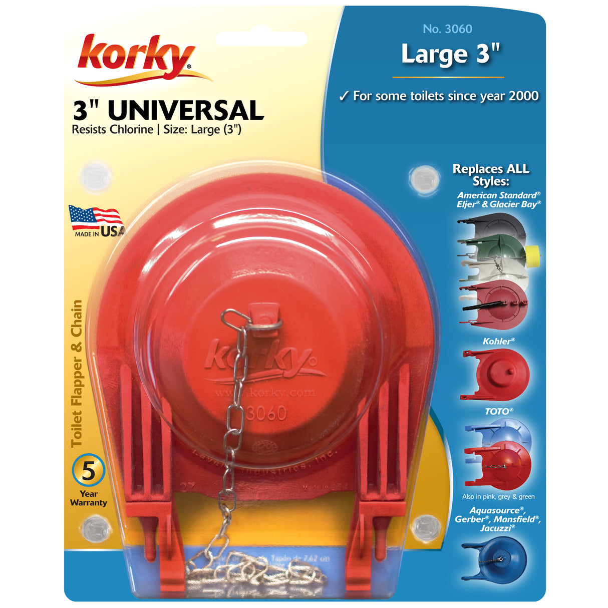 Korky 3060BP Toilet Flapper Large 3" Premium Universal