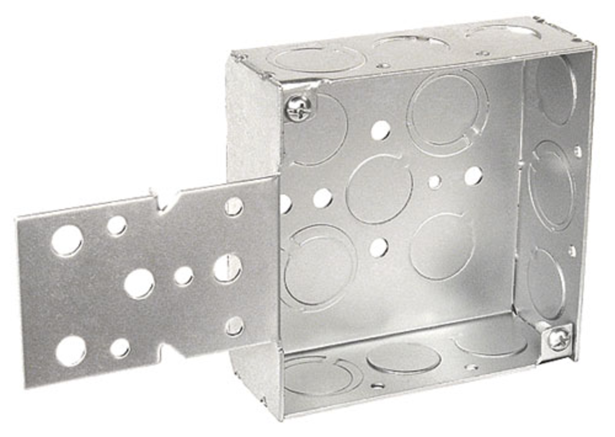 4" Square Welded Steel Electrical Box with Bracket – 1-1/2" Deep, w/ 1/2" & 3/4" Conduit KO’s