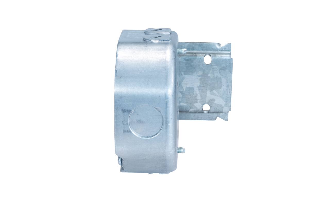 4" Octagon Steel Electrical Box with Bracket – 1-1/2" Deep with NM/Romex Clamp and 1/2" Knockouts
