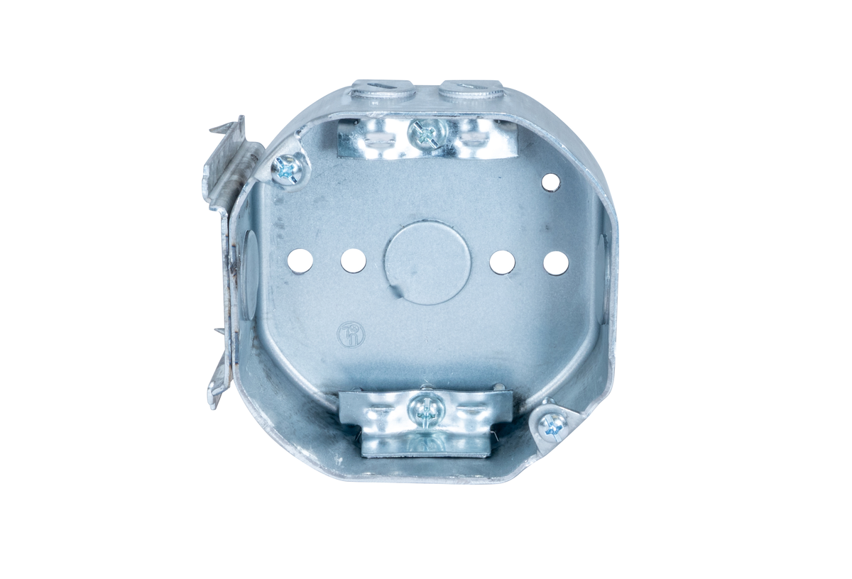 4" Octagon Steel Electrical Box with Bracket – 1-1/2" Deep with NM/Romex Clamp and 1/2" Knockouts