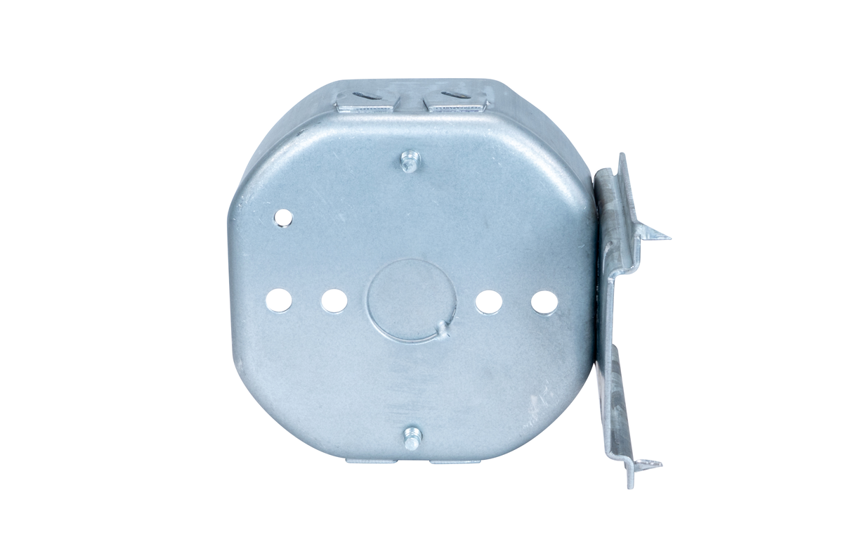 4" Octagon Steel Electrical Box with Bracket – 1-1/2" Deep with NM/Romex Clamp and 1/2" Knockouts