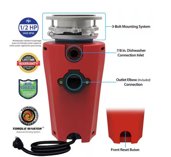 Waste Maid 1590 Elite Economy 1/2 HP Continuous Feed Garbage Disposal